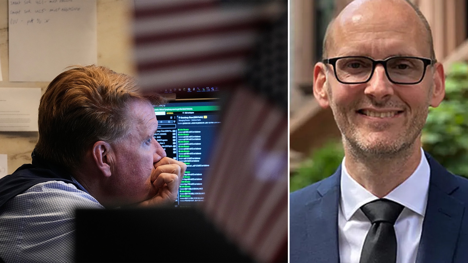 Sammansatt bild med två porträtt: en man som programmerar vid en dator på vänster sida, och en man i formell klädsel på höger sida.