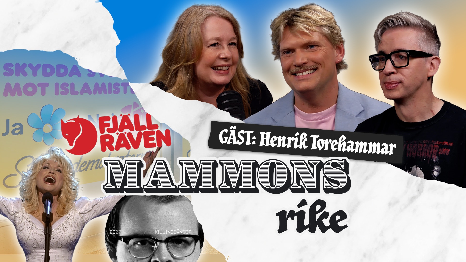 Collage för podcasten Mammons rike med tre män, logotyper och porträtt av två personer. Texten anger att Henrik Torehammar är en av personerna i serien.