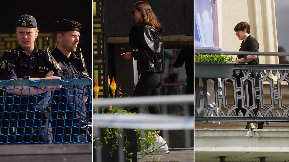 Sanna Marin, Jane Fraser och poliser vid Grand Hotel under Bilderberggruppens möte.