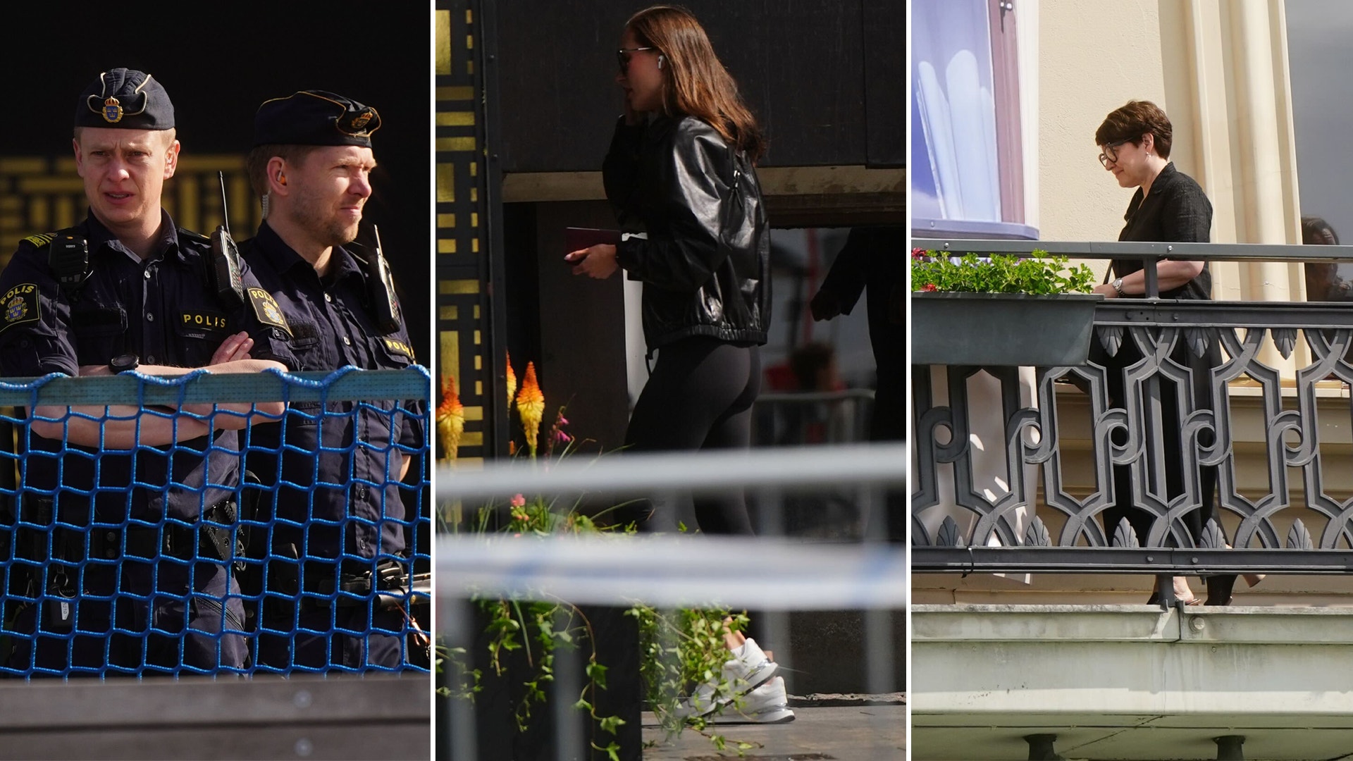 Sanna Marin, Jane Fraser och poliser vid Grand Hotel under Bilderberggruppens möte.