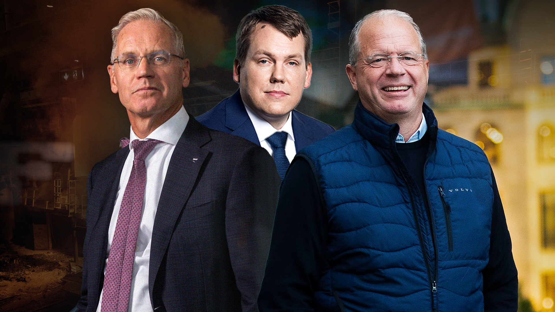 Tre män står tillsammans och poserar för porträtt. Mannen till vänster bär glasögon och mörkblå kostym med vinröd slips. Mannen i mitten bär mörkblå kostym och slips. Mannen till höger bär blå vinterjacka och ler mot kameran.
