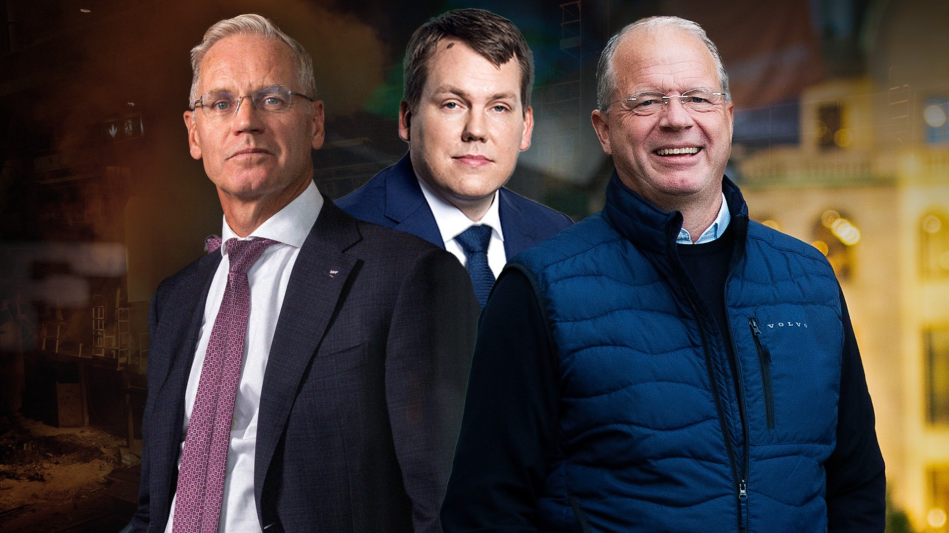 Tre män står tillsammans och poserar för porträtt. Mannen till vänster bär glasögon och mörkblå kostym med vinröd slips. Mannen i mitten bär mörkblå kostym och slips. Mannen till höger bär blå vinterjacka och ler mot kameran.