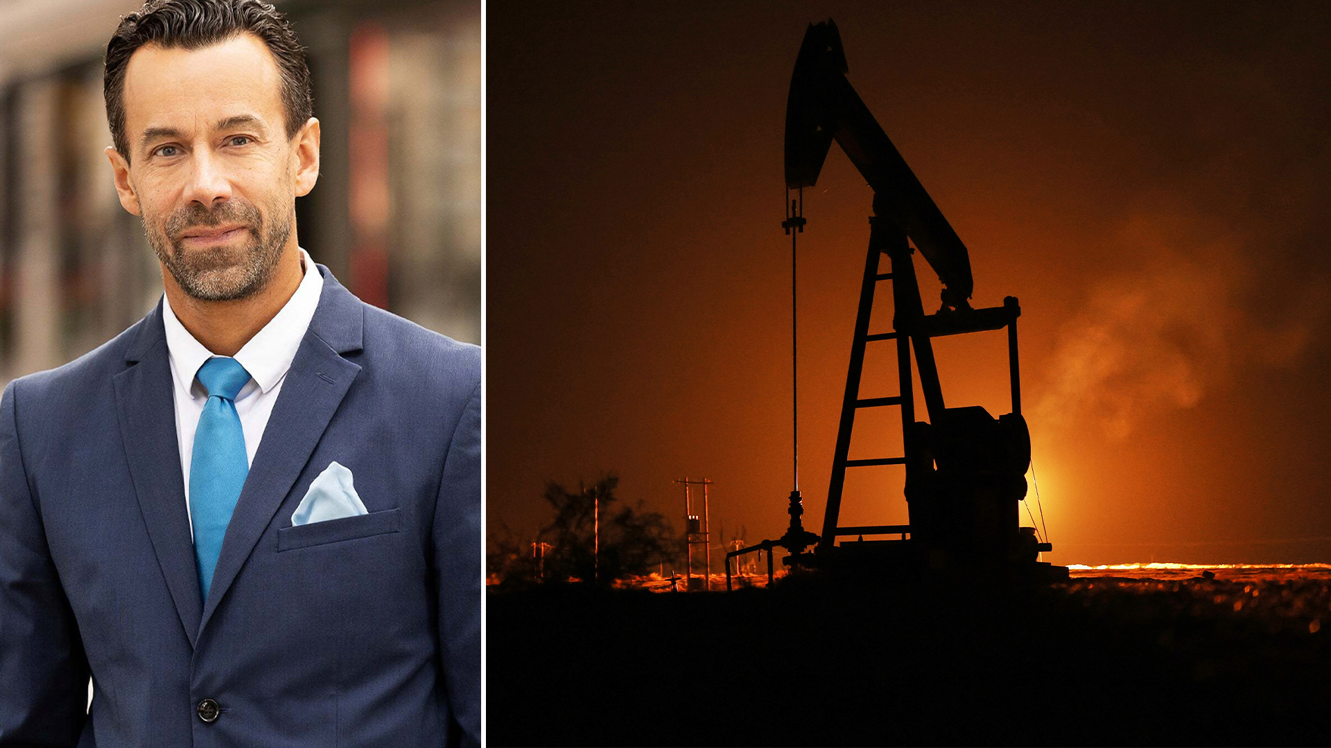 Porträtt av man i kostym bredvid silhuett av oljepump mot solnedgångshimmel