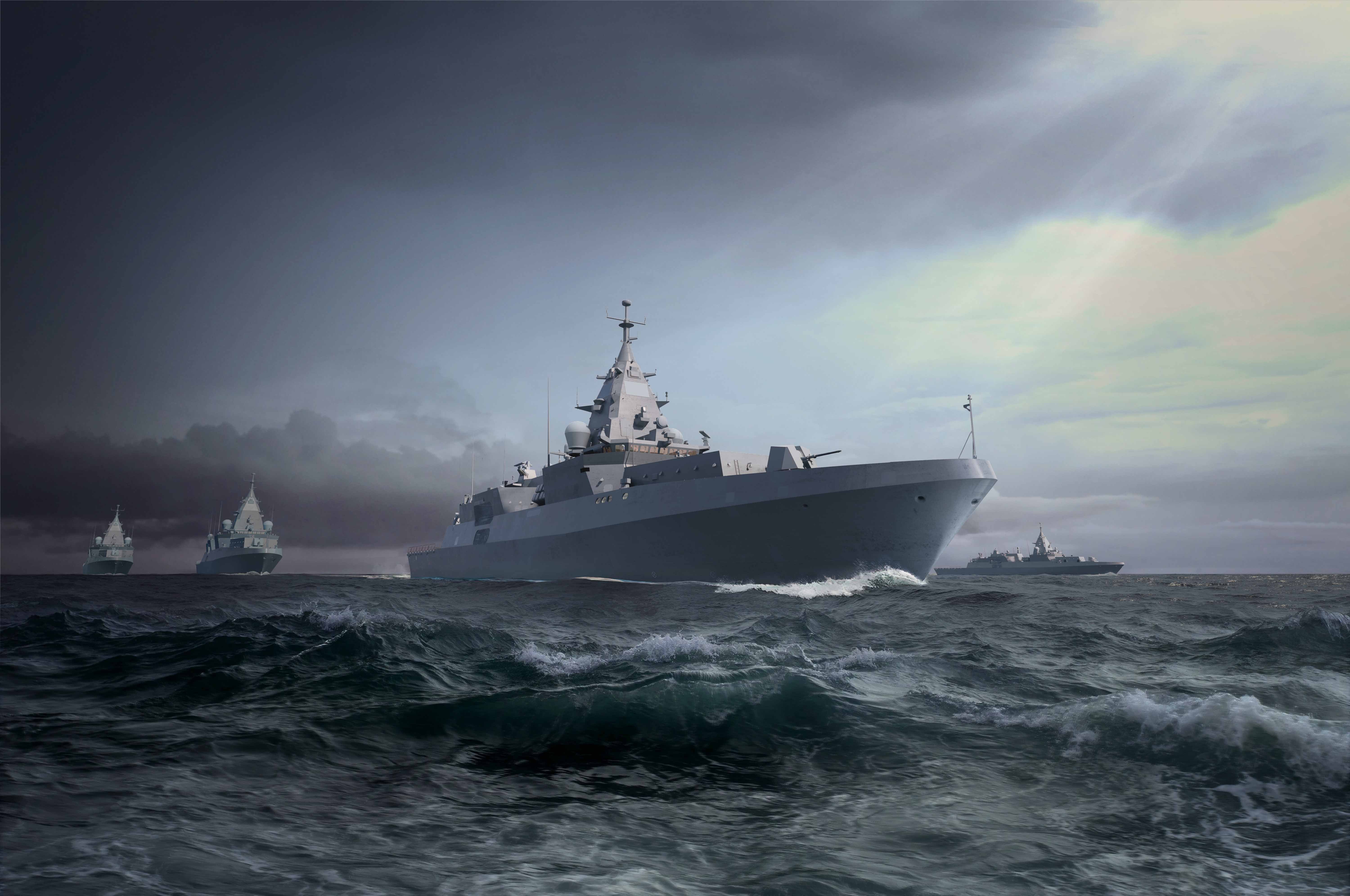 Ett militärt marinkrigsskepp navigerar genom stormiga havsvatten med höga vågor omkring sig.