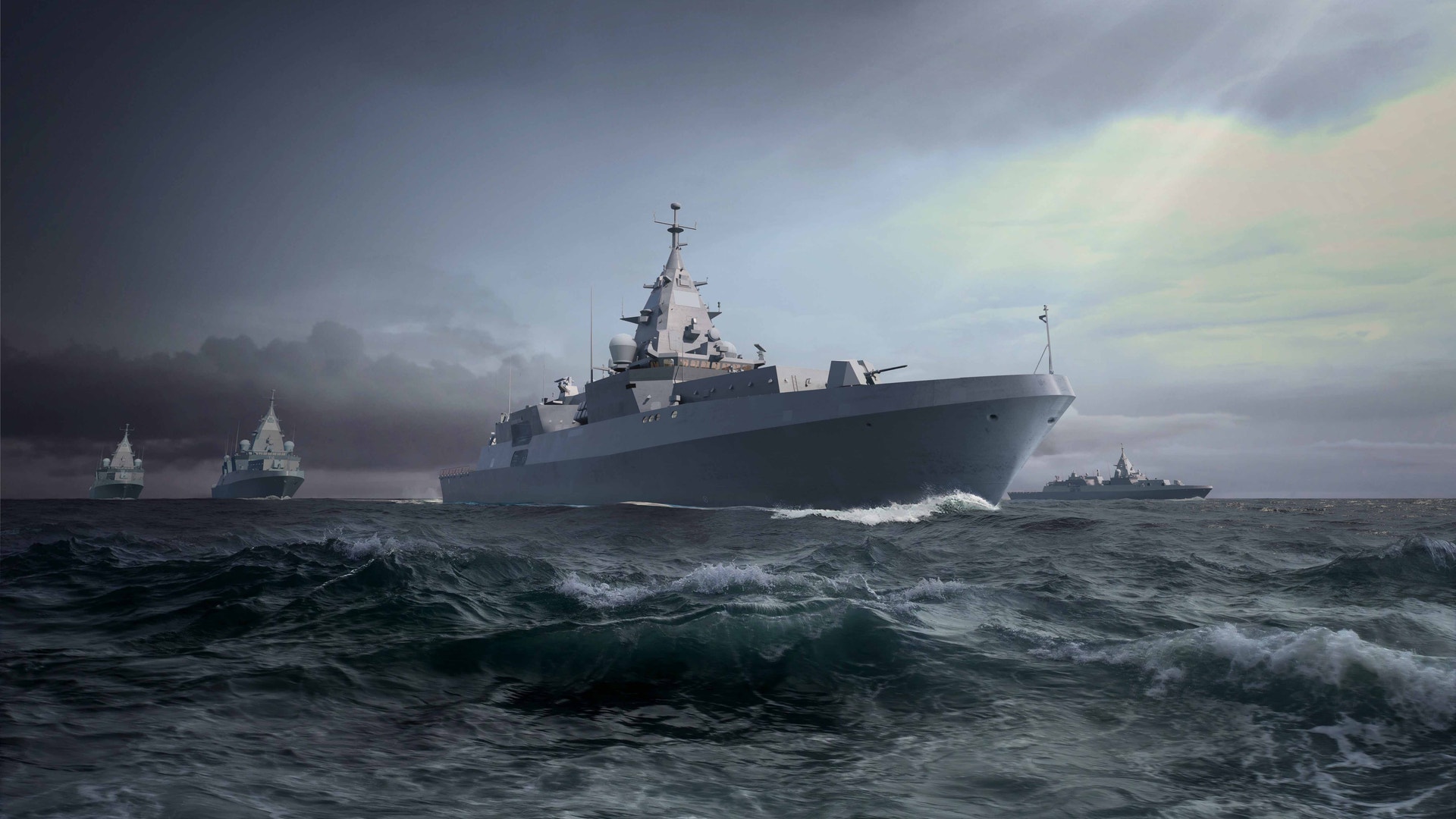 Ett militärt marinkrigsskepp navigerar genom stormiga havsvatten med höga vågor omkring sig.