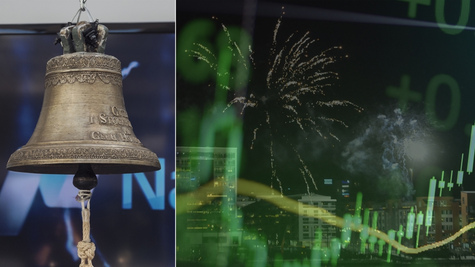 Bild på börsklocka till vänster och genrebild över en kursgraf till höger.