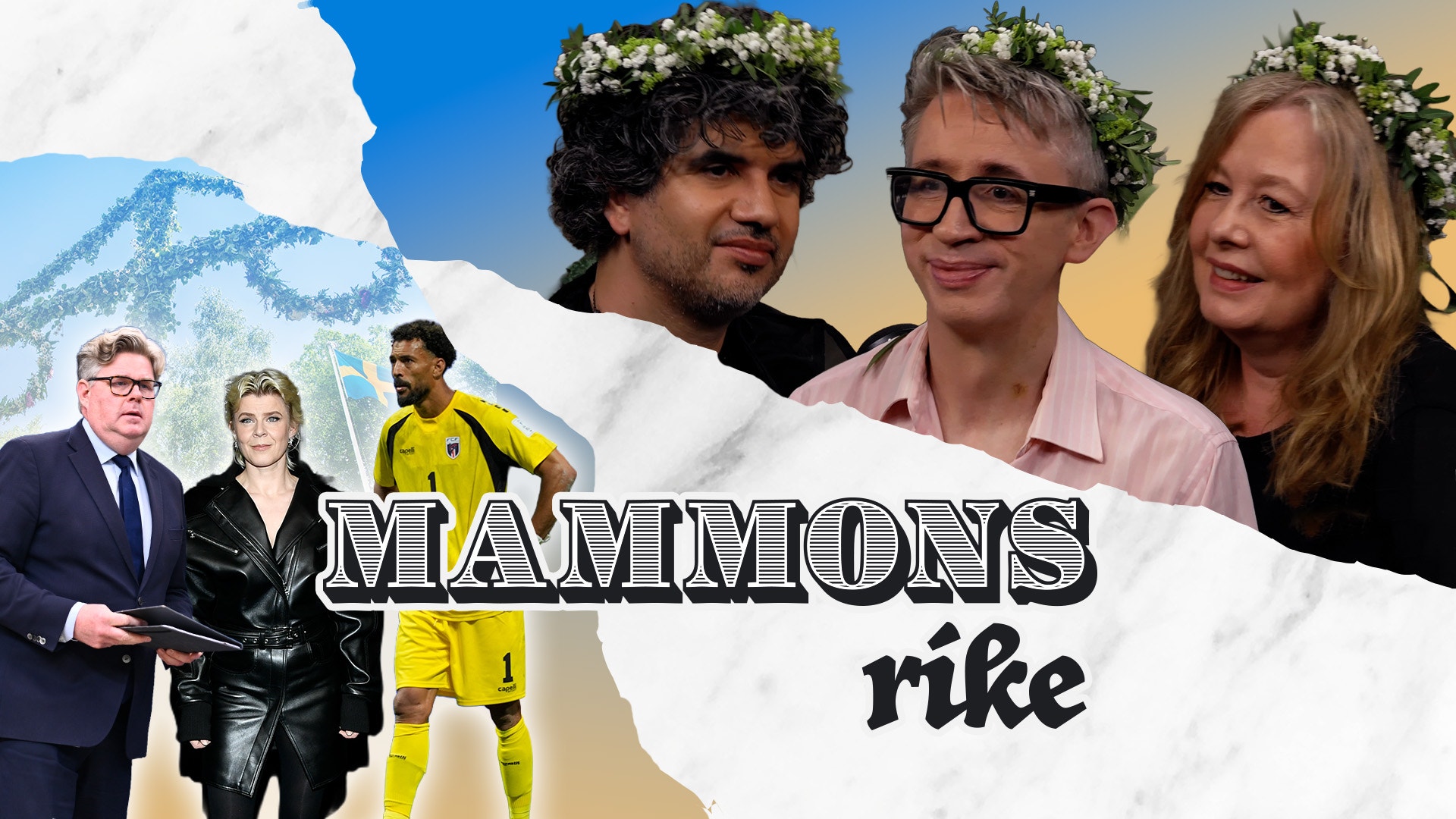 Collage med tre personer som bär blommor i håret, tillsammans med andra personer och bergslandskap i bakgrunden. Texten säger Mammons rike.