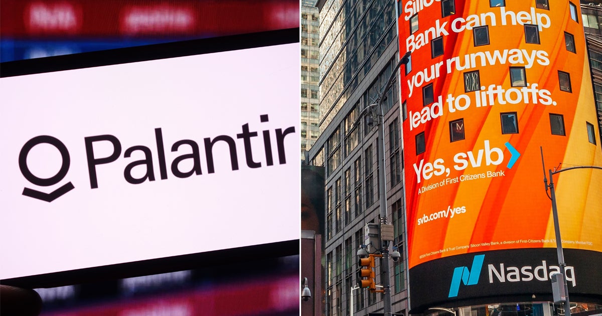 AI-bolaget Palantirs logotyp och Nasdaq i New York.