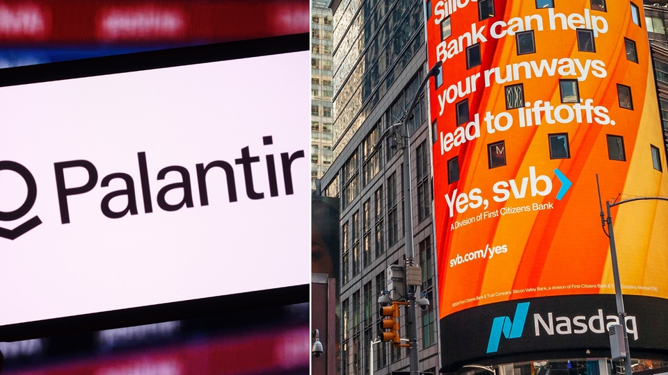 AI-bolaget Palantirs logotyp och Nasdaq i New York.
