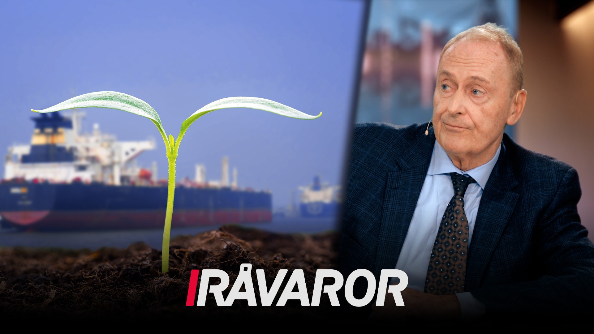 Affärsman bredvid en grön växtskott med ett lastfartyg i bakgrunden