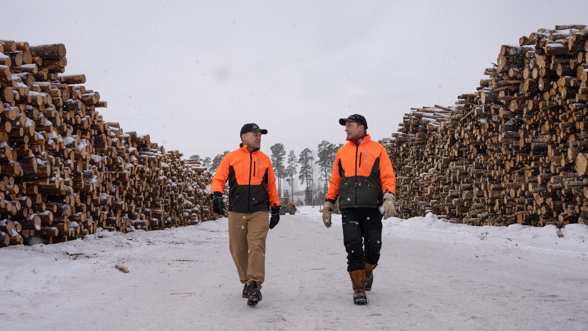 Två arbetare i orange västar går mellan höga stockar vid en timmerterminalen under vinterklimat.