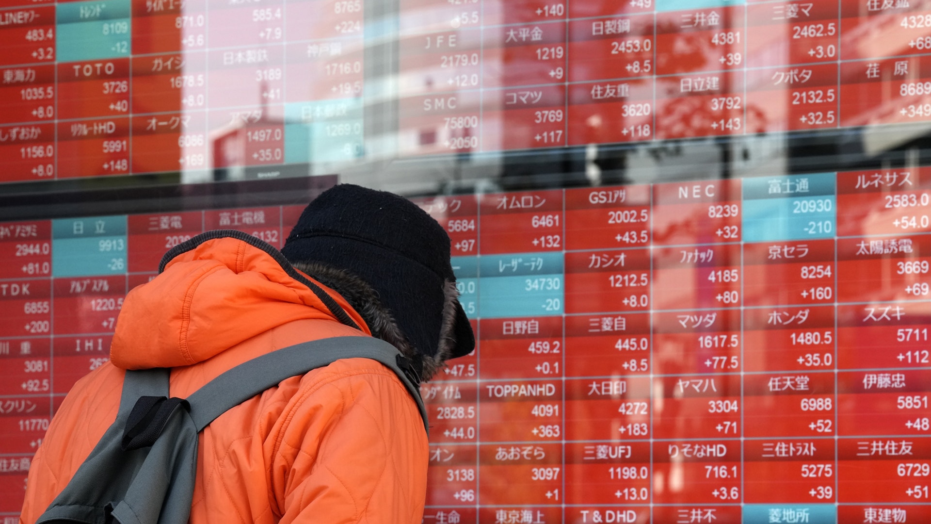 Person i orange jacka framför en digital aktiemarknadstavla med siffror och japansk text.