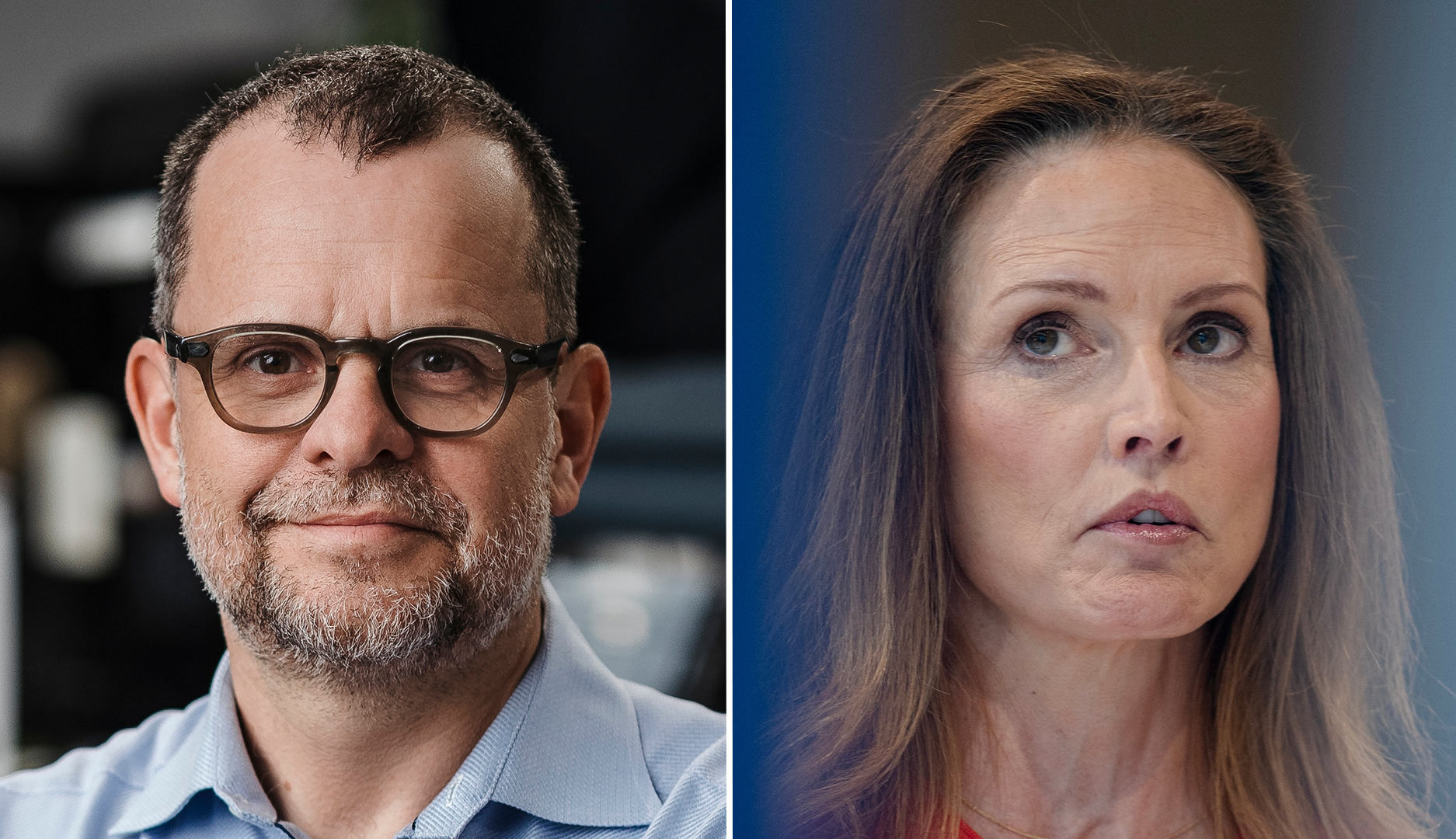 Porträtt av en man med glasögon och skägg till vänster och en kvinna med långt brunt hår till höger.