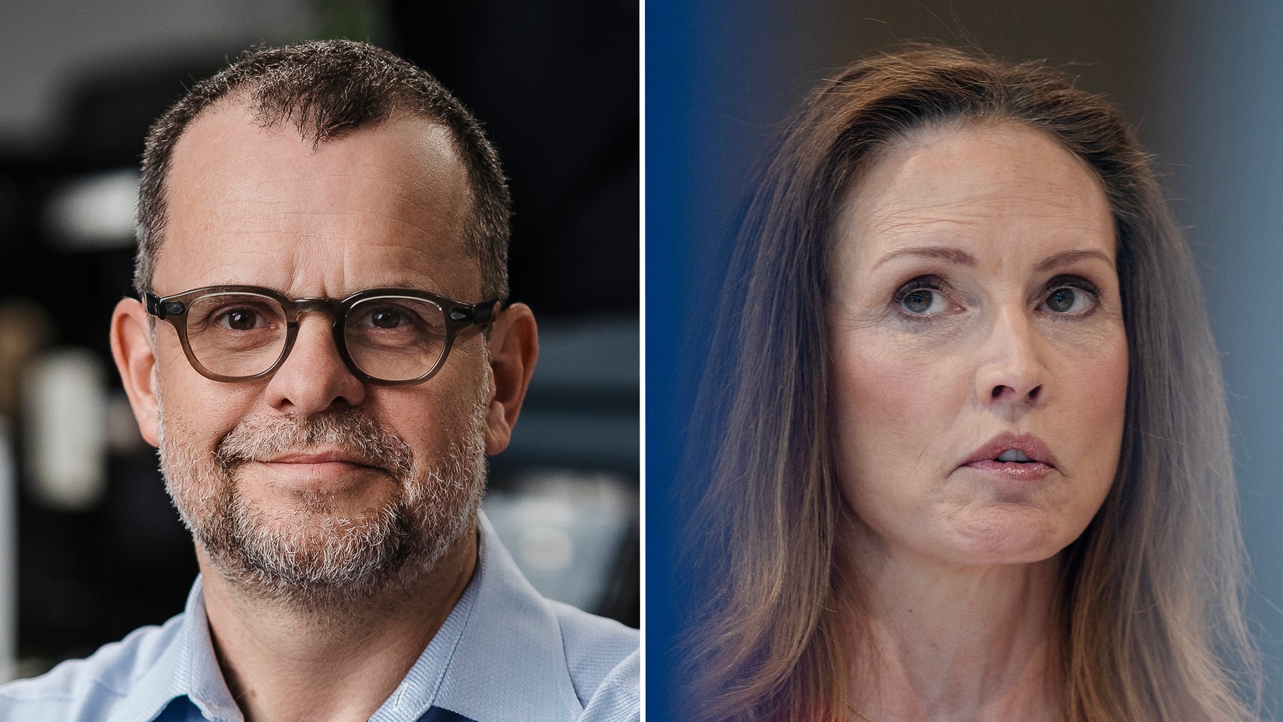 Porträtt av en man med glasögon och skägg till vänster och en kvinna med långt brunt hår till höger.