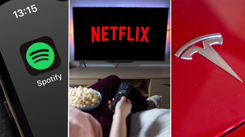 En splitbild på Spotifys logga, Netflix logga och Teslas logga.