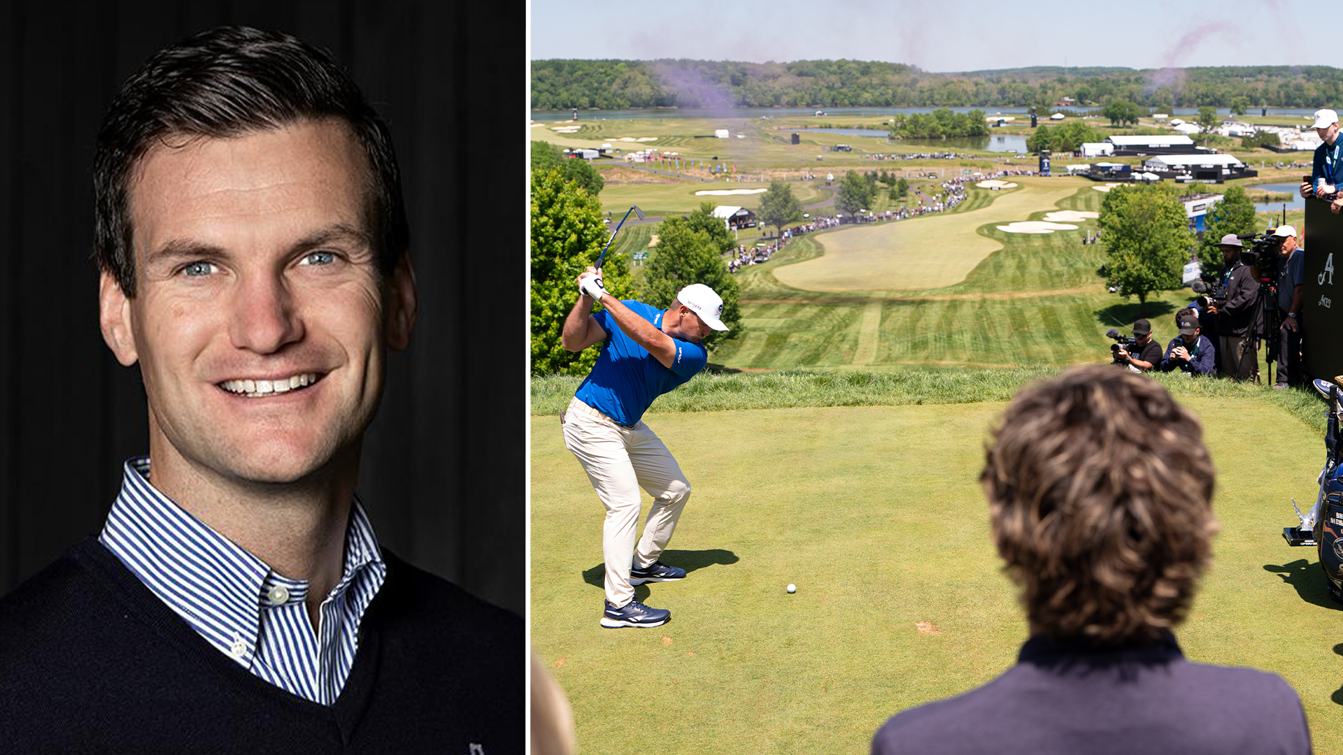 Sammansatt bild med porträttfoto av man till vänster och golfspelare som svingar på golfbana till höger med åskådare och landskap i bakgrunden.