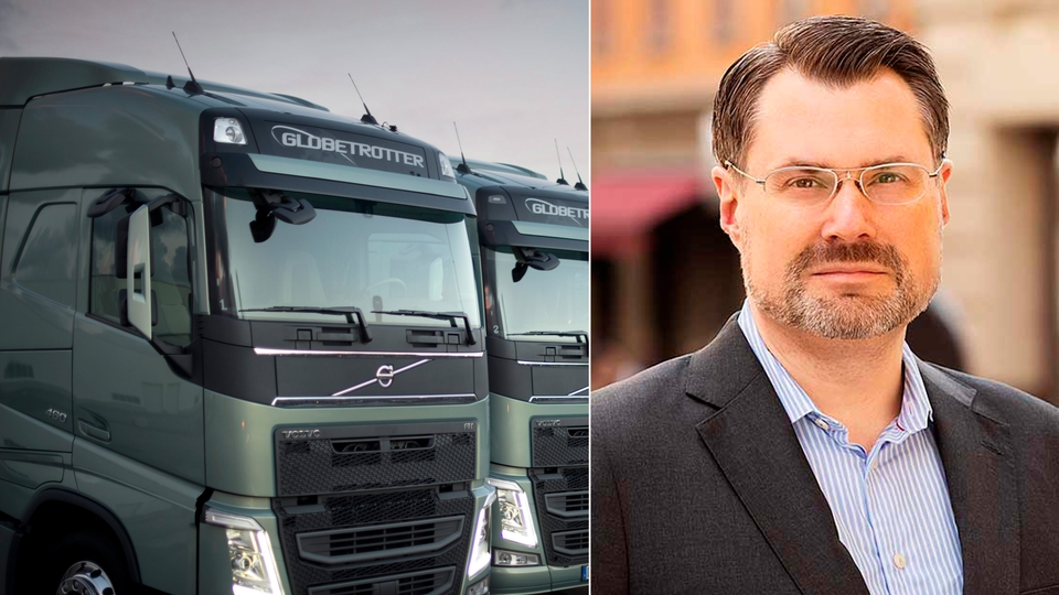 Bild på Volvo lastvagnar till vänster och Hampus Engellau, fordonsanalytiker på Handelsbanken, till höger.