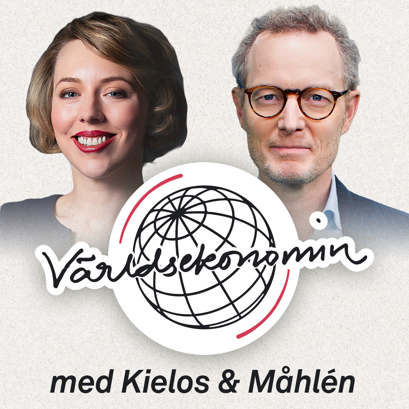 Två porträttbilder av en kvinna och en man bredvid en stiliserad jordglob med texten Världsekonomin och med undertexten med Kielos & Måhlén.