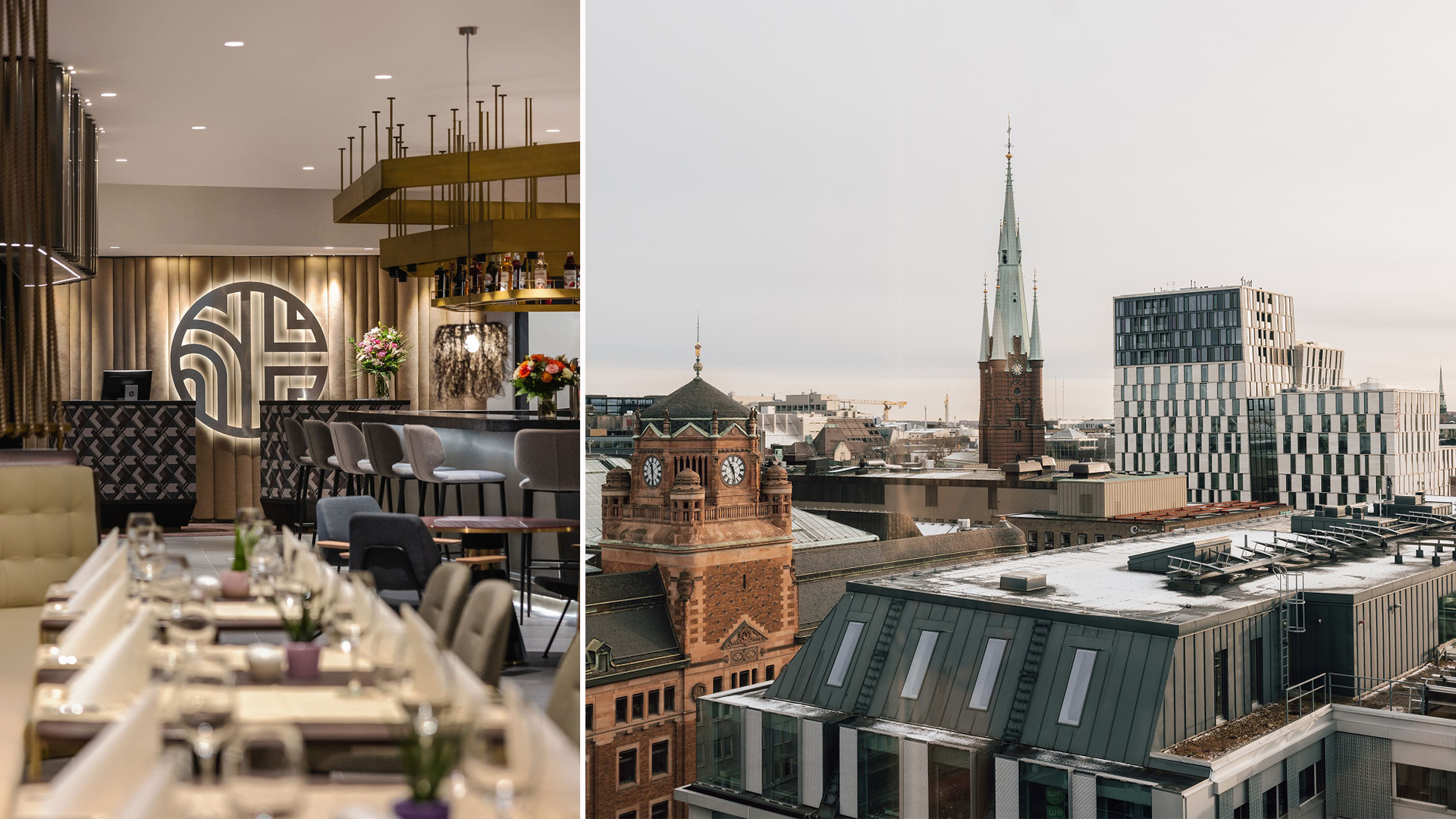 Elegant restaurang interiör med stadsutsikt över moderna och klassiska byggnader