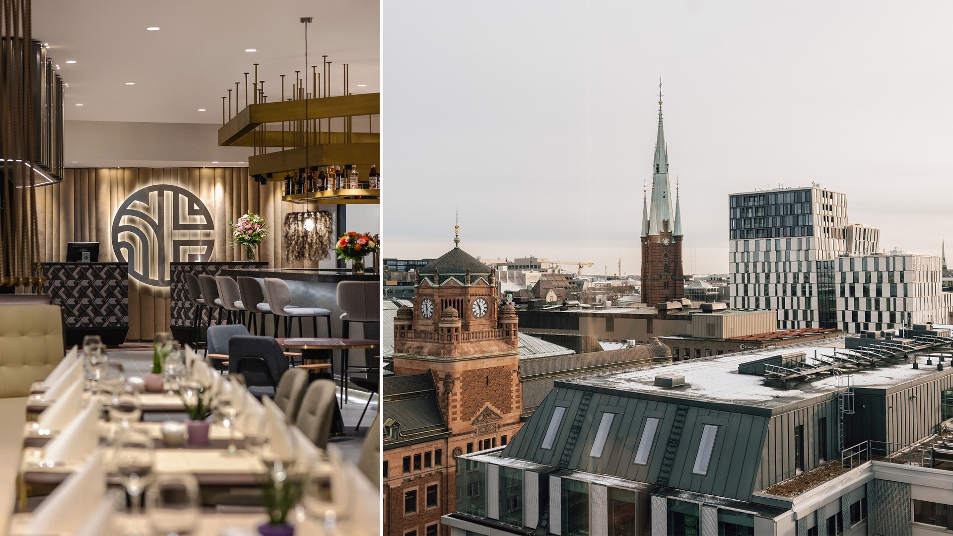 Elegant restaurang interiör med stadsutsikt över moderna och klassiska byggnader
