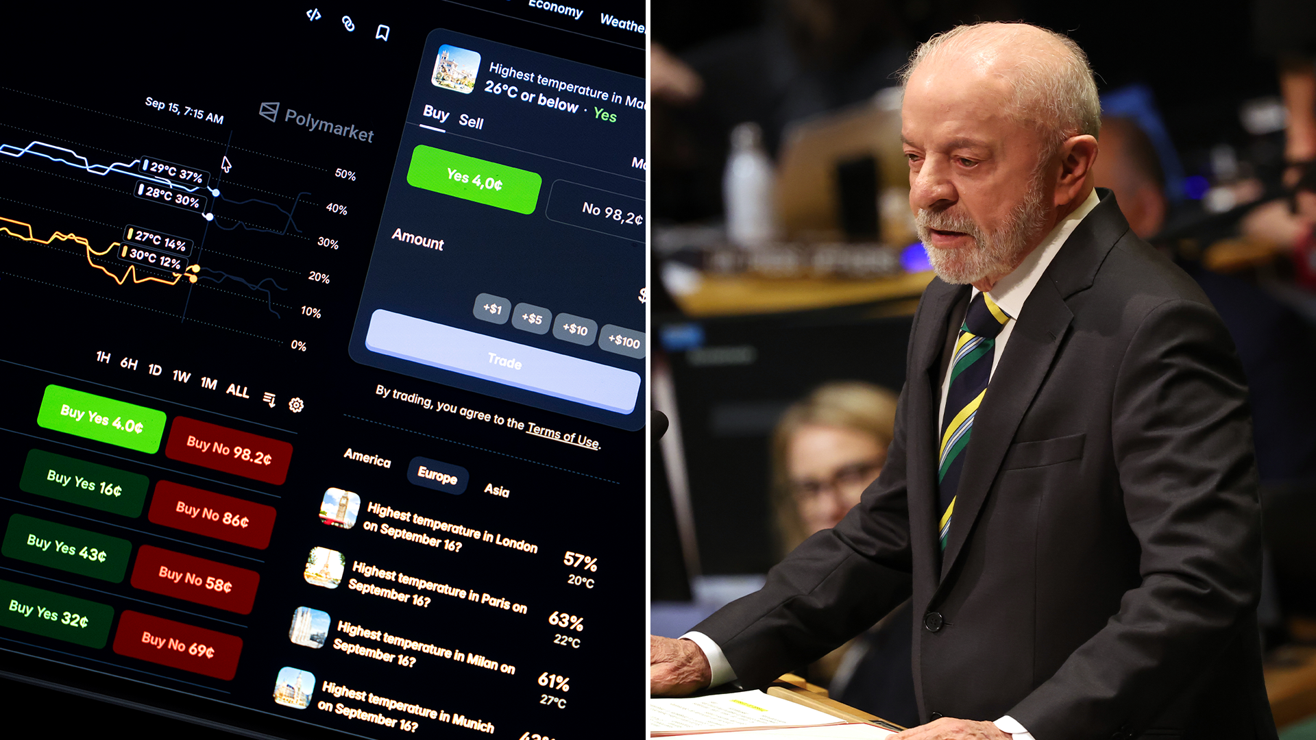 En skärm med ett bettingsajt i förgrunden och en talande man i kostym i bakgrunden.