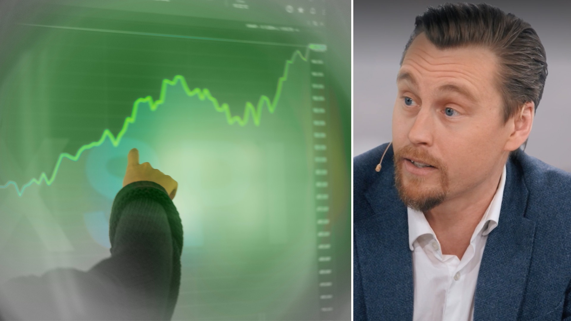 Sammansatt bild som visar en hand med ett guldmynt framför en stigande aktiegraf på grön bakgrund, samt en man i blå kavaj som talar om finansiella investeringar och börsen.