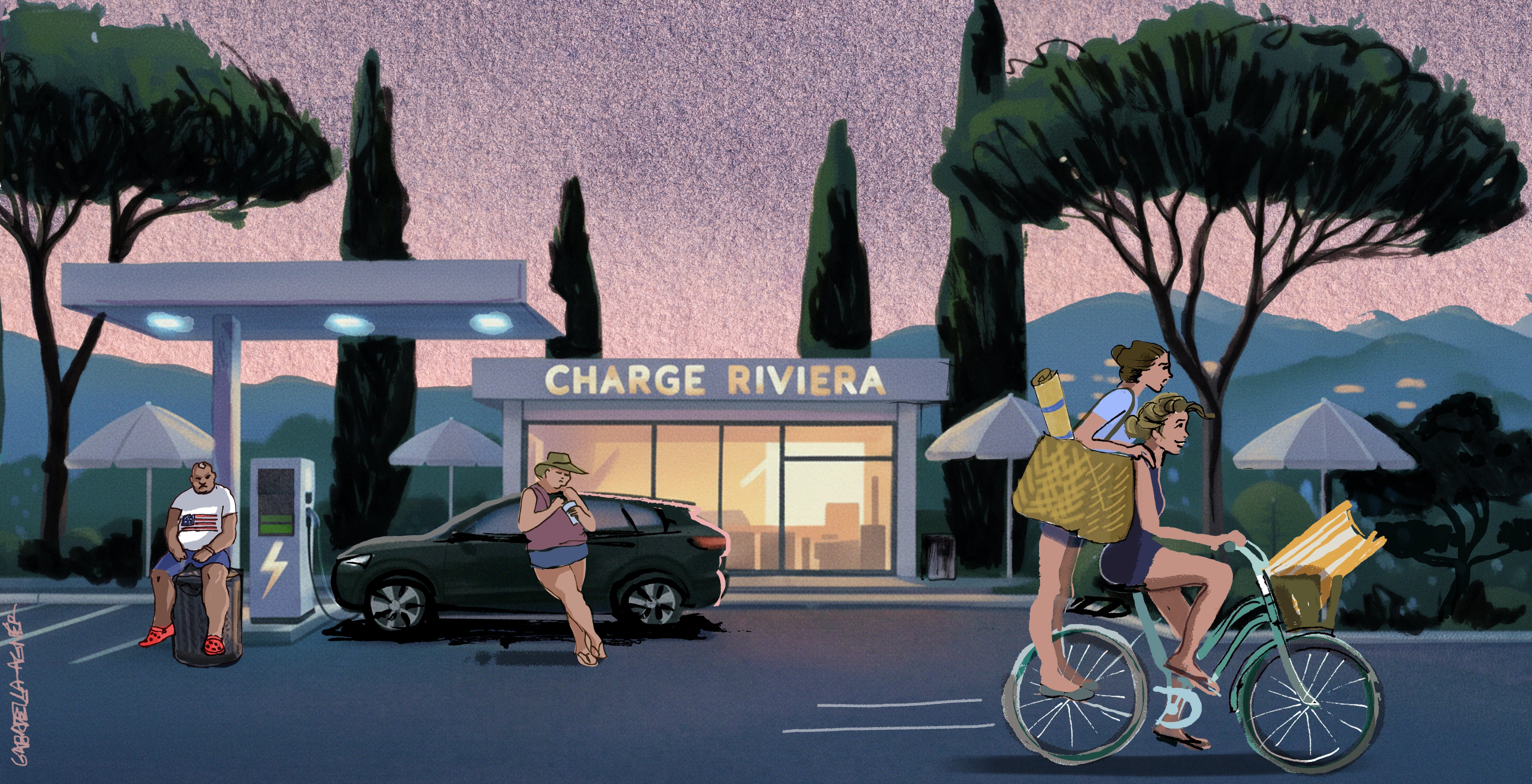 Illustration av en elfordonsladdstation i Medelhavslandskap med människor och cyklar