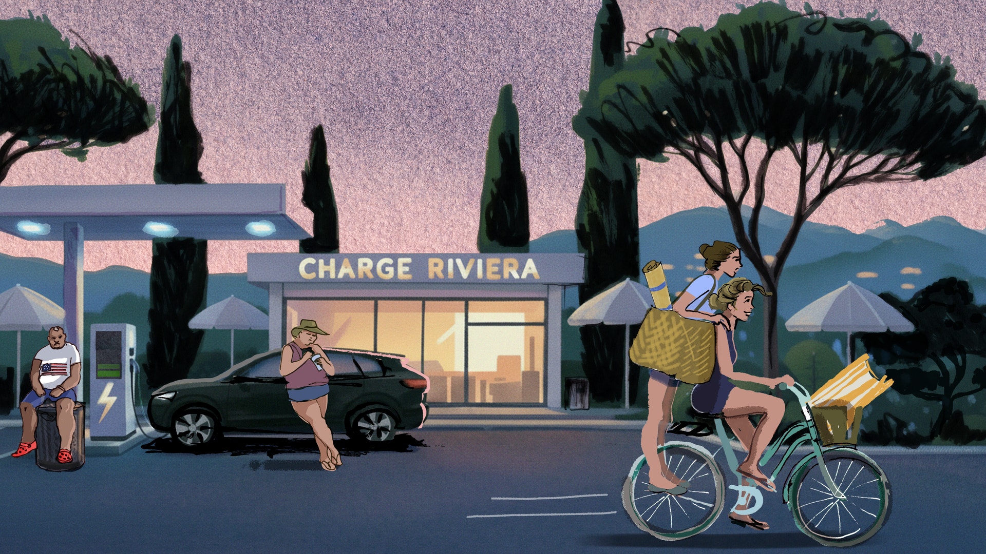 Illustration av en elfordonsladdstation i Medelhavslandskap med människor och cyklar