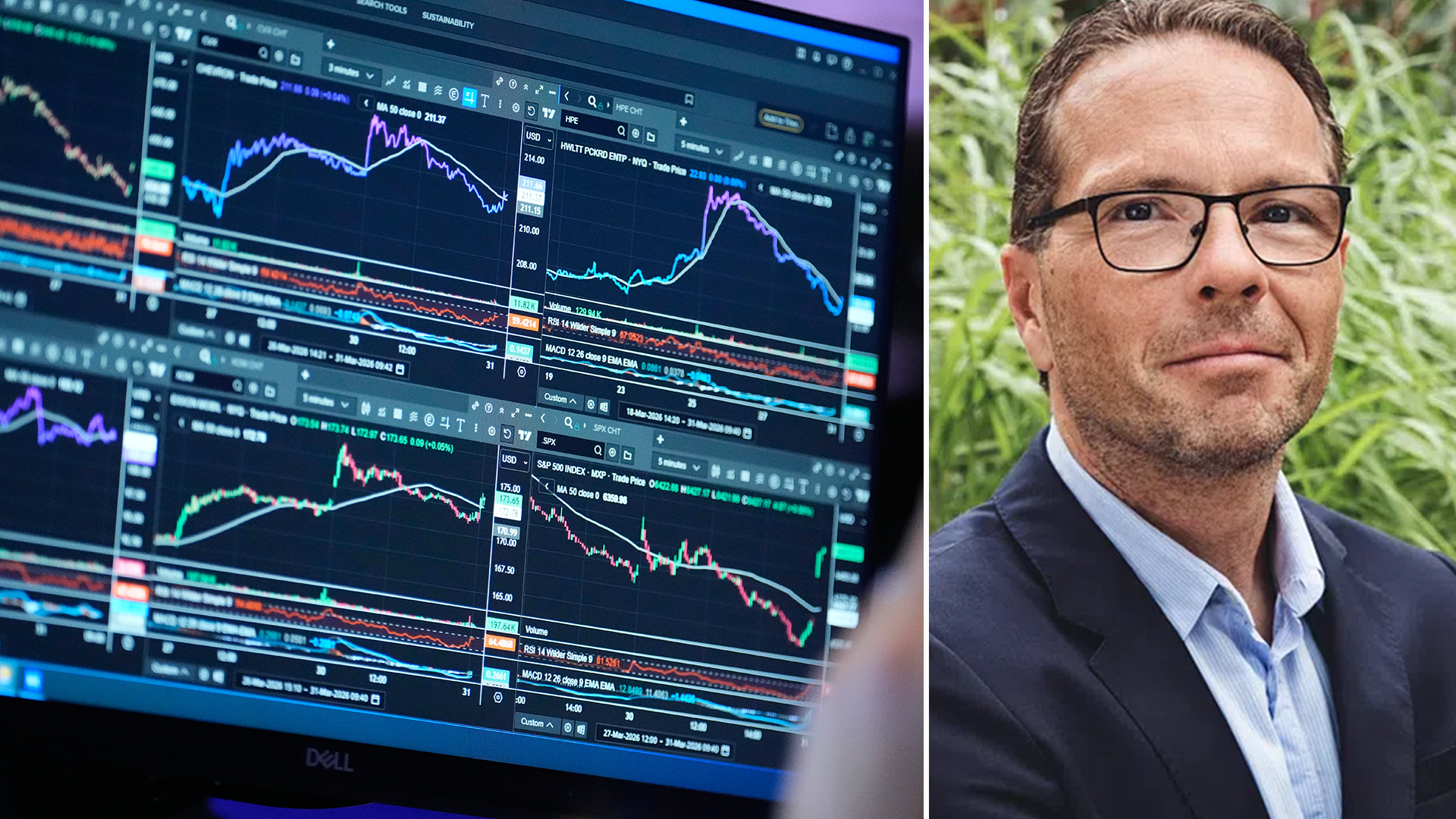 Delad bild: Till vänster en datorskärm med finansiella diagram och börskurvor. Till höger en porträttbild av en man med glasögon i mörk kostym.