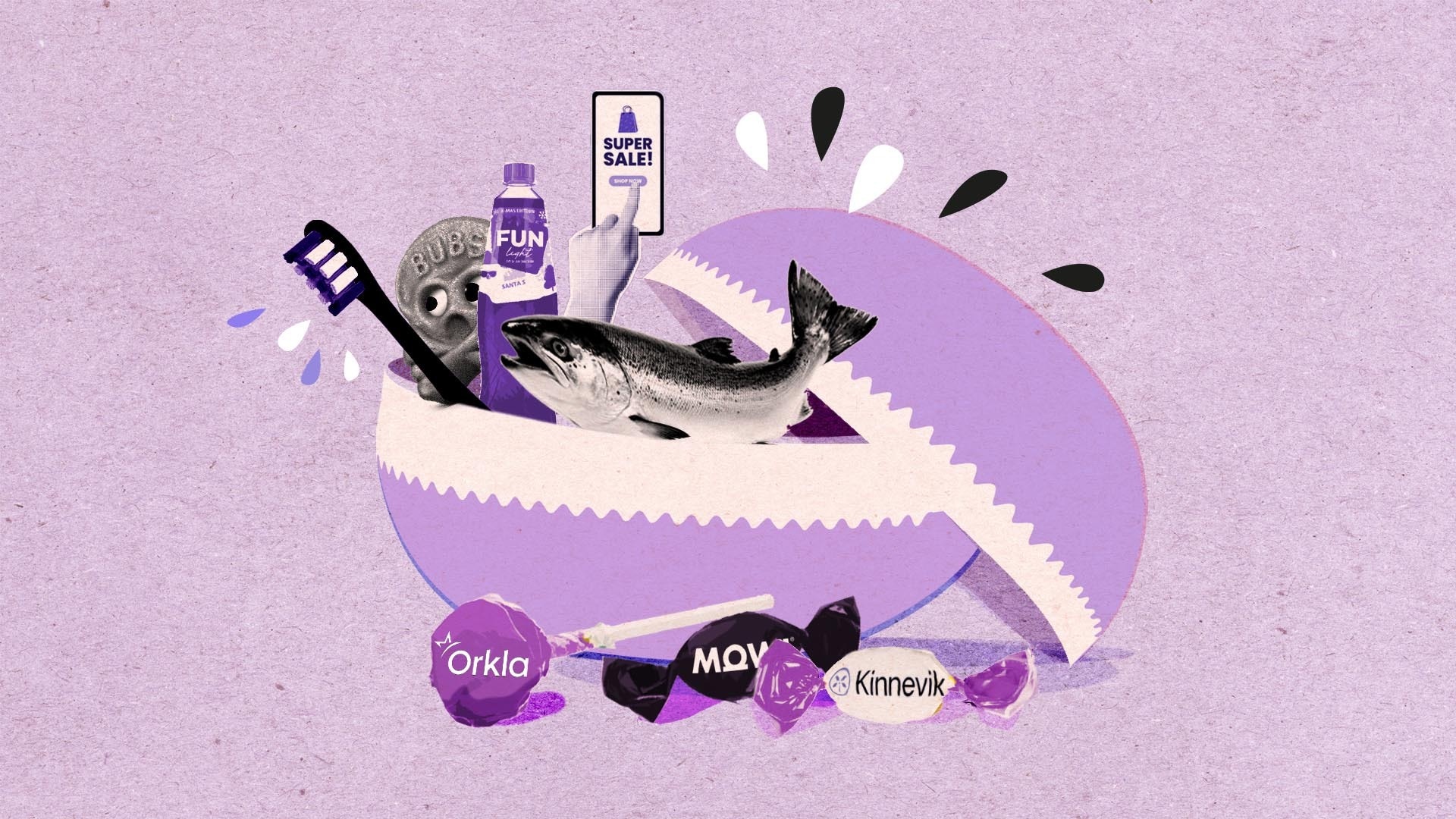 En fisk som stänker i lila vatten omgiven av skönhets- och hudvårdsprodukter.