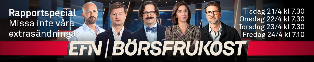 Fem personer i affärskläder presenterar EFN Börsfrukost, en evenemang med datum och tider listade till höger.