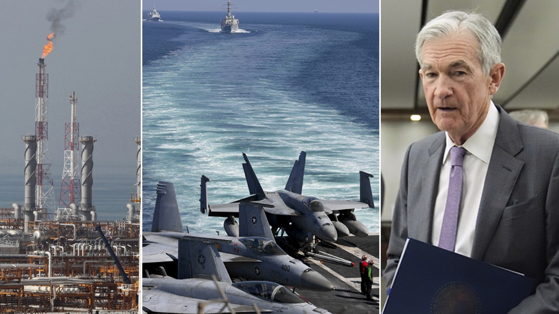 Torsten Slok och ett hangarfartyg med stridsflygplan.