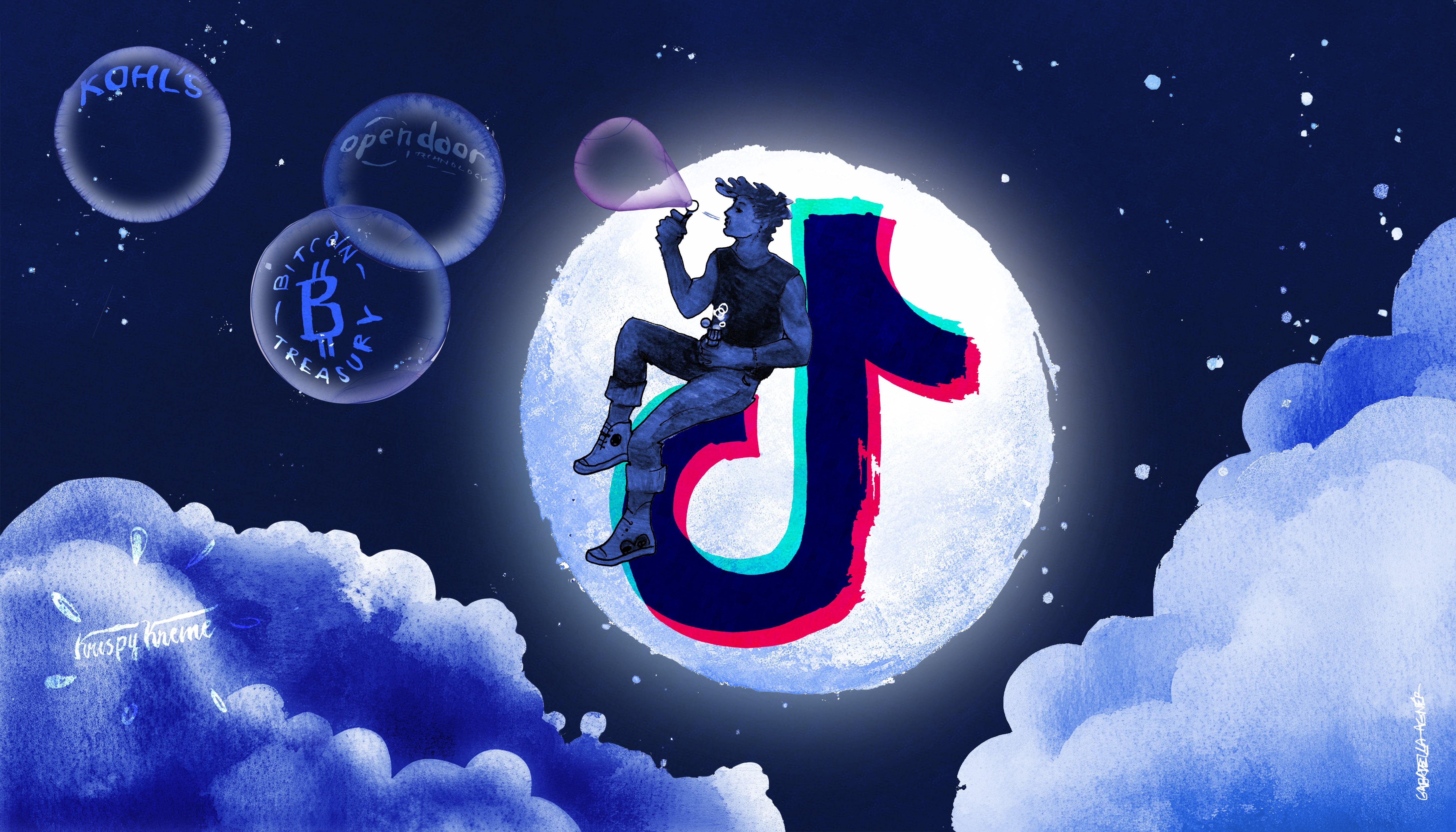 En illustration av en ung man som sitter på en TikTok-måne.