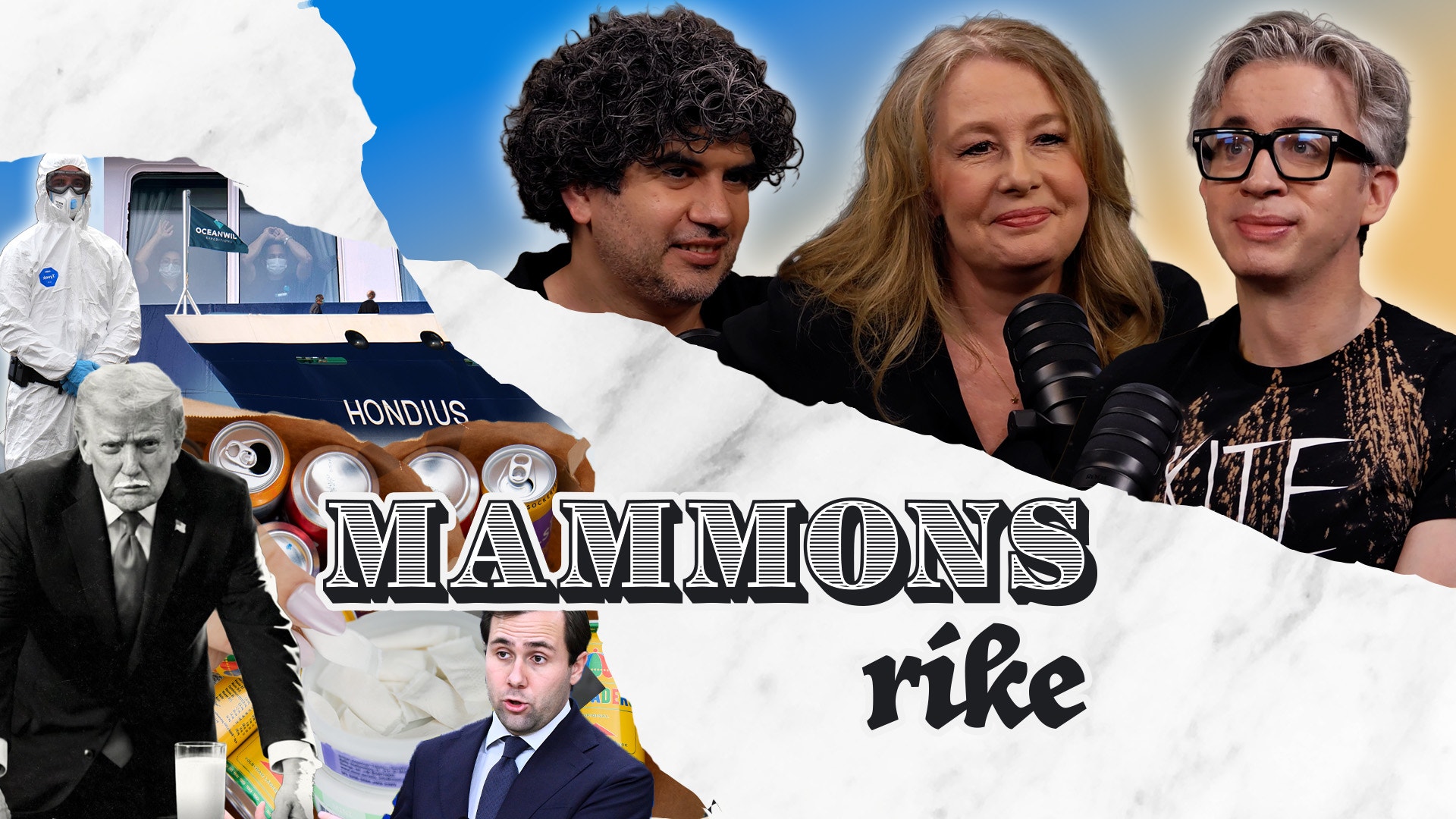 Collage-bild med porträtt av flera personer, ett fartyg och texten Mammons rike