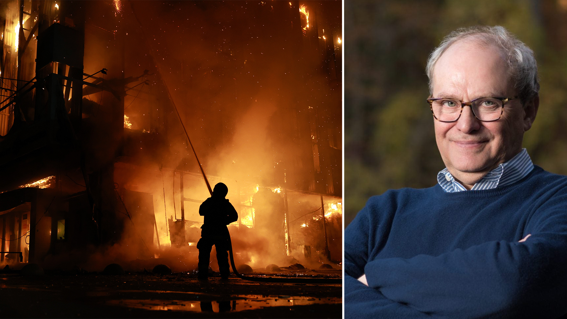 Delad bild: en brandman bekämpar en kraftig brand i en byggnad, och en äldre man med glasögon och blå tröja poserar med armarna i kors.