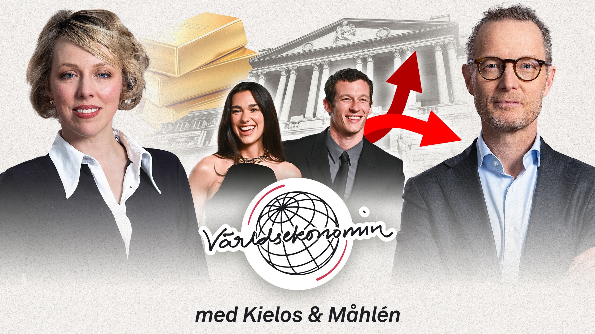 Grafik för podcasten Världsekonomin med fyra affärspersoner, guldtackor, klassisk byggnad och en röd uppåtpil som symboliserar ekonomisk tillväxt.