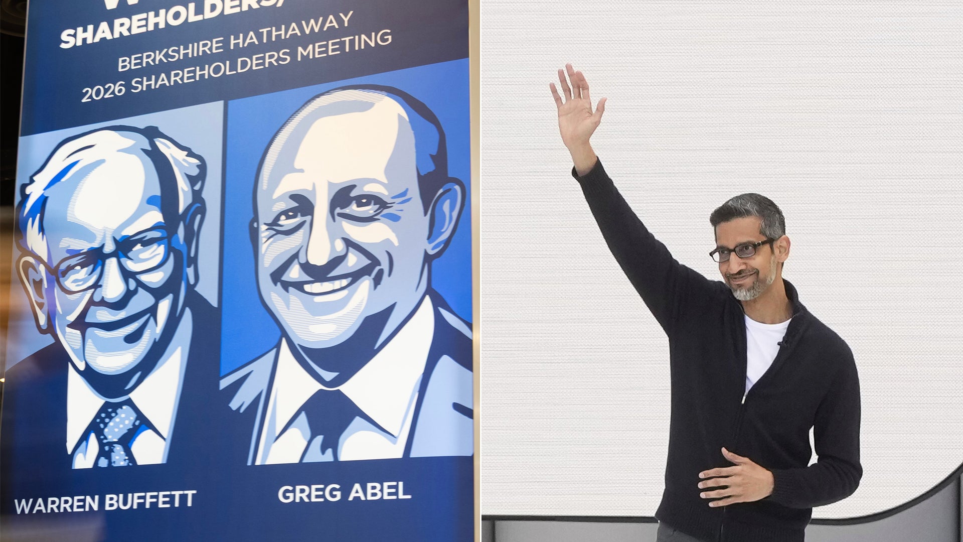 En man presenterar framför en blå banner från Berkshire Hathaway 2026 aktieägarmöte, med porträtt av Warren Buffett och Greg Abel.
