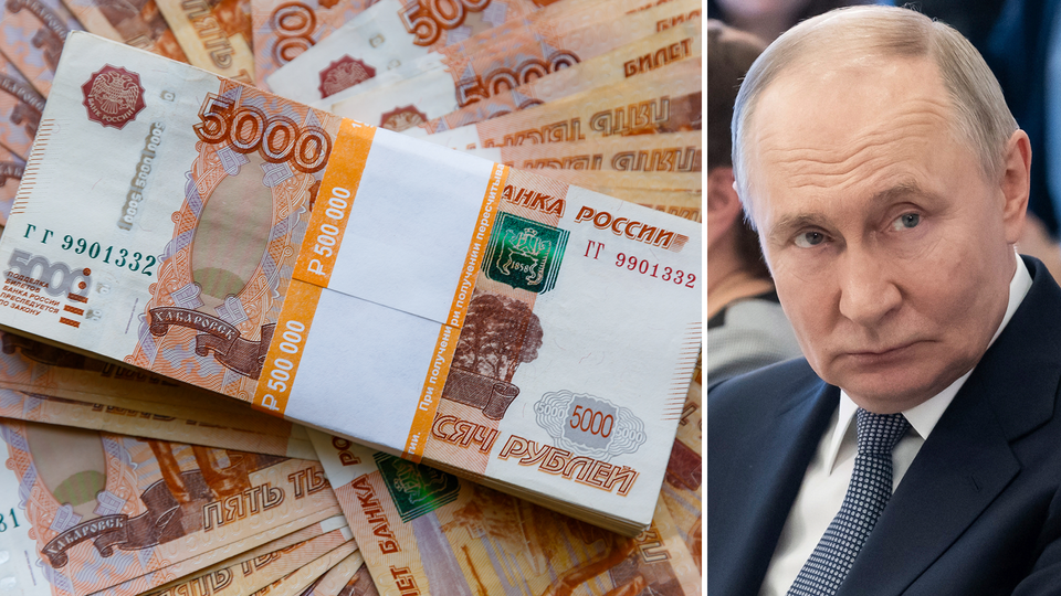 Rysk rubel till vänster. Rysslands president Vladimir Putin till höger.