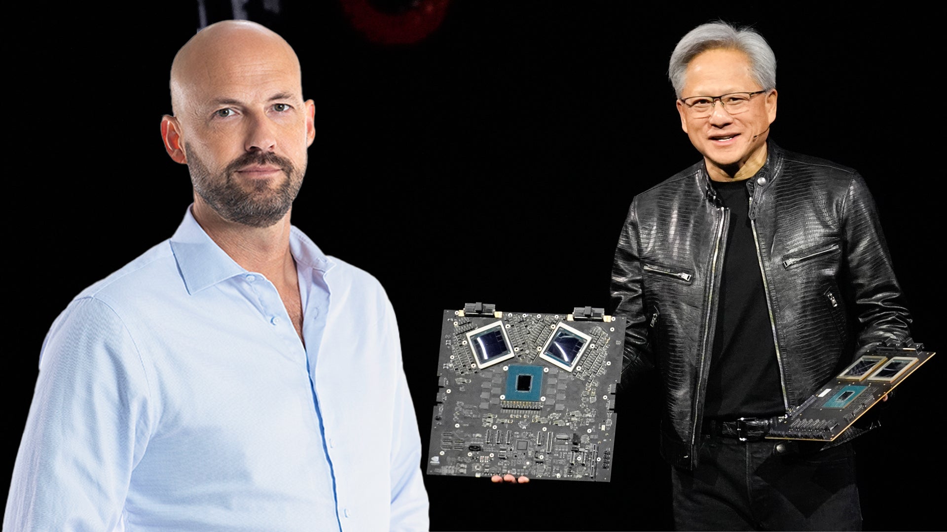 EFN:s analytiker Martin Blomgren, i en kollagebild där även Nvdias vd Jensen Huang syns. Huang håller i ett stort chip. 