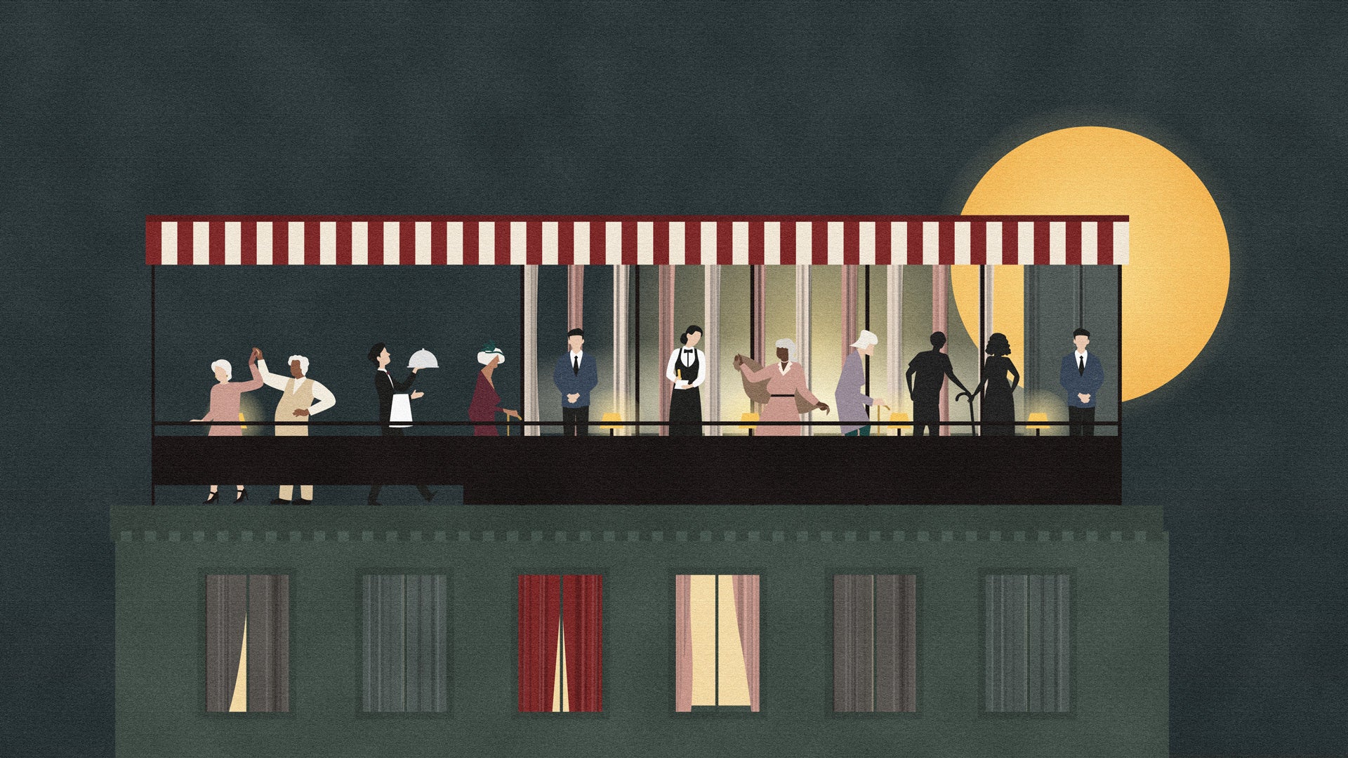 Illustration av en festlig takterrass under en randig markis en mörk kväll med fullmåne. Människor dansar, pratar och serveras mat, ovanför en byggnad med upplysta fönster.