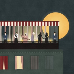 Illustration av en festlig takterrass under en randig markis en mörk kväll med fullmåne. Människor dansar, pratar och serveras mat, ovanför en byggnad med upplysta fönster.