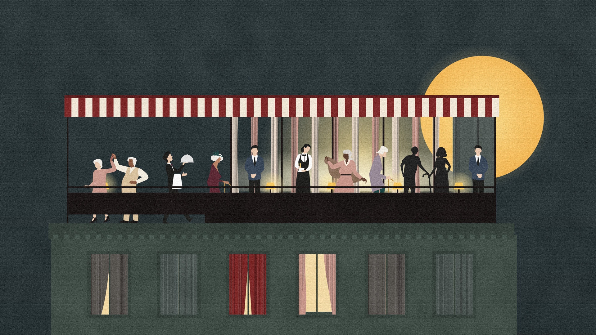 Illustration av en festlig takterrass under en randig markis en mörk kväll med fullmåne. Människor dansar, pratar och serveras mat, ovanför en byggnad med upplysta fönster.