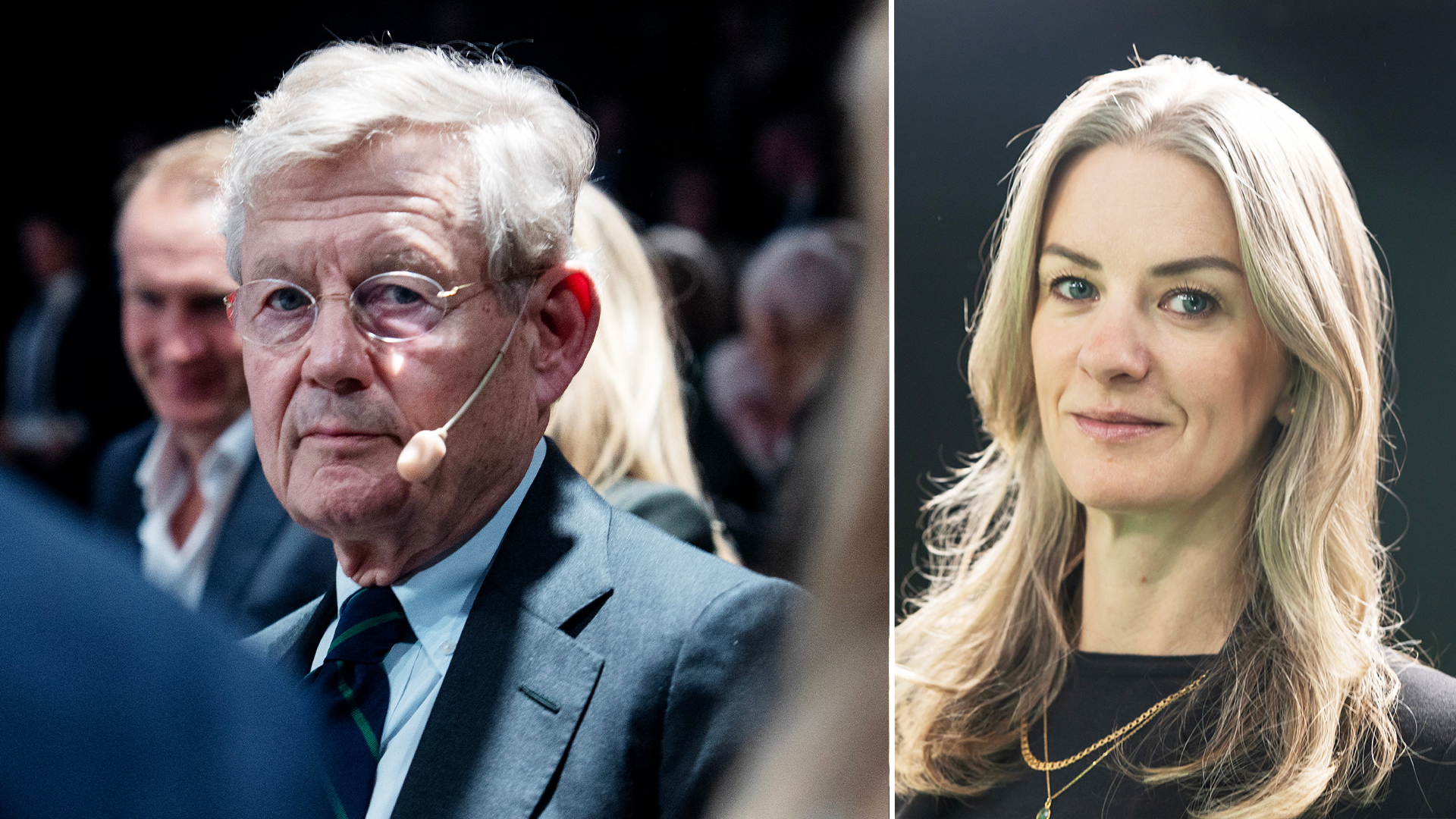 Collage med två porträtt: till vänster en äldre man med grått hår, glasögon och headset, till höger en kvinna med långt ljust hår som tittar in i kameran.