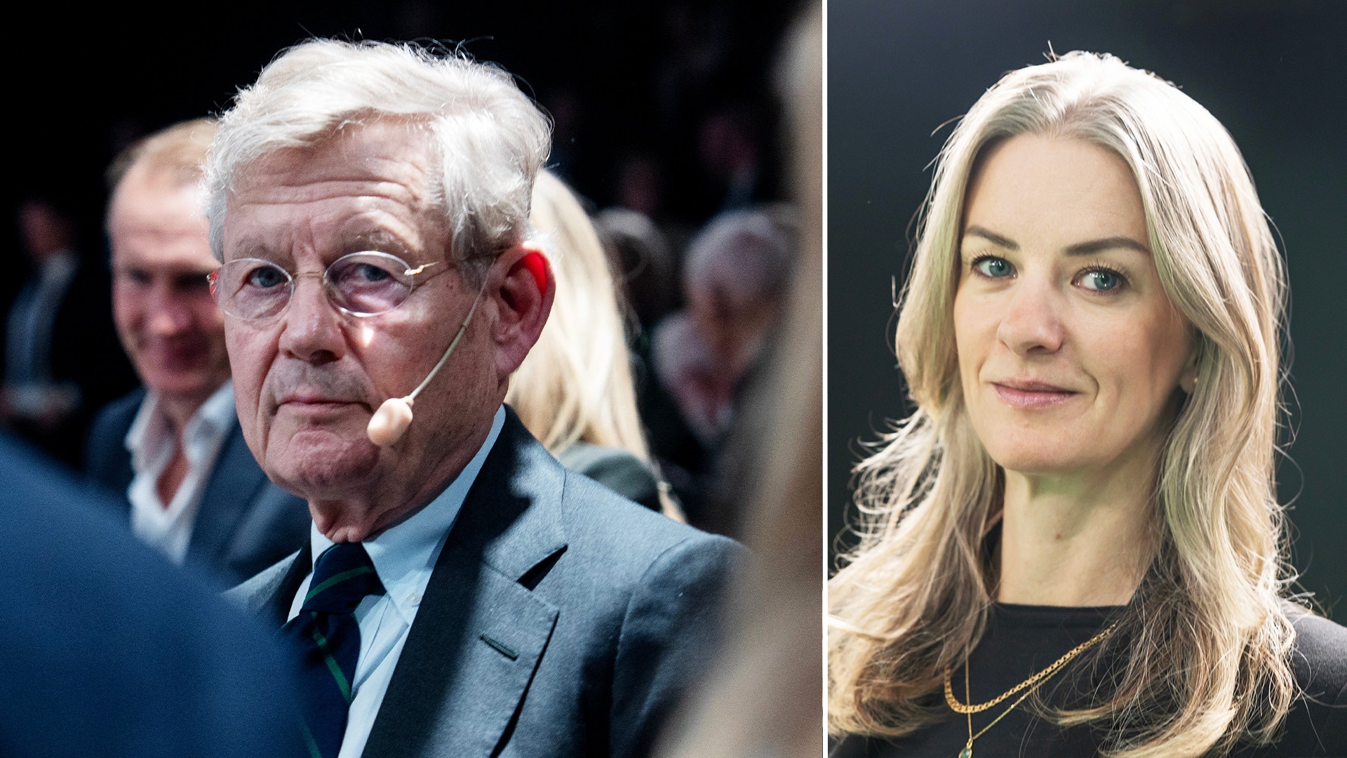 Collage med två porträtt: till vänster en äldre man med grått hår, glasögon och headset, till höger en kvinna med långt ljust hår som tittar in i kameran.