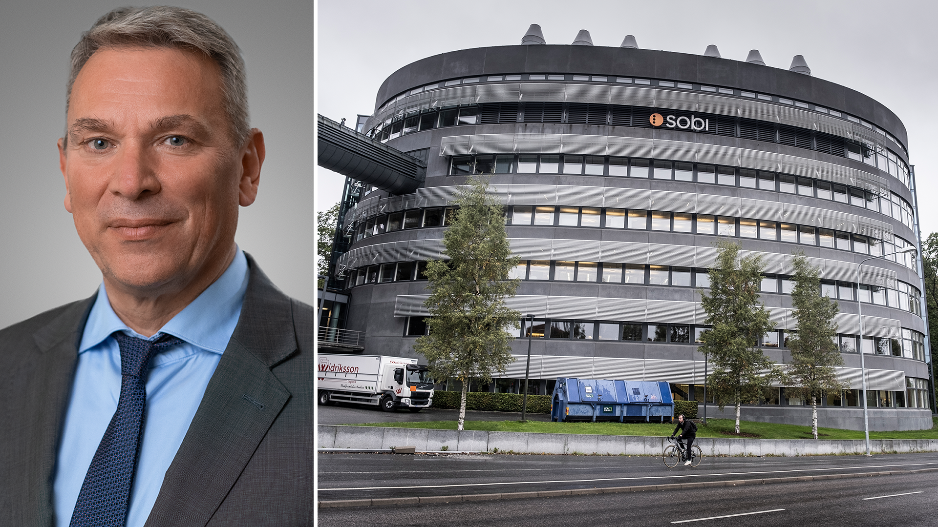 Collage med en leende man i kostym och blå skjorta till vänster, och en stor rund kontorsbyggnad med Sobis logotyp till höger.