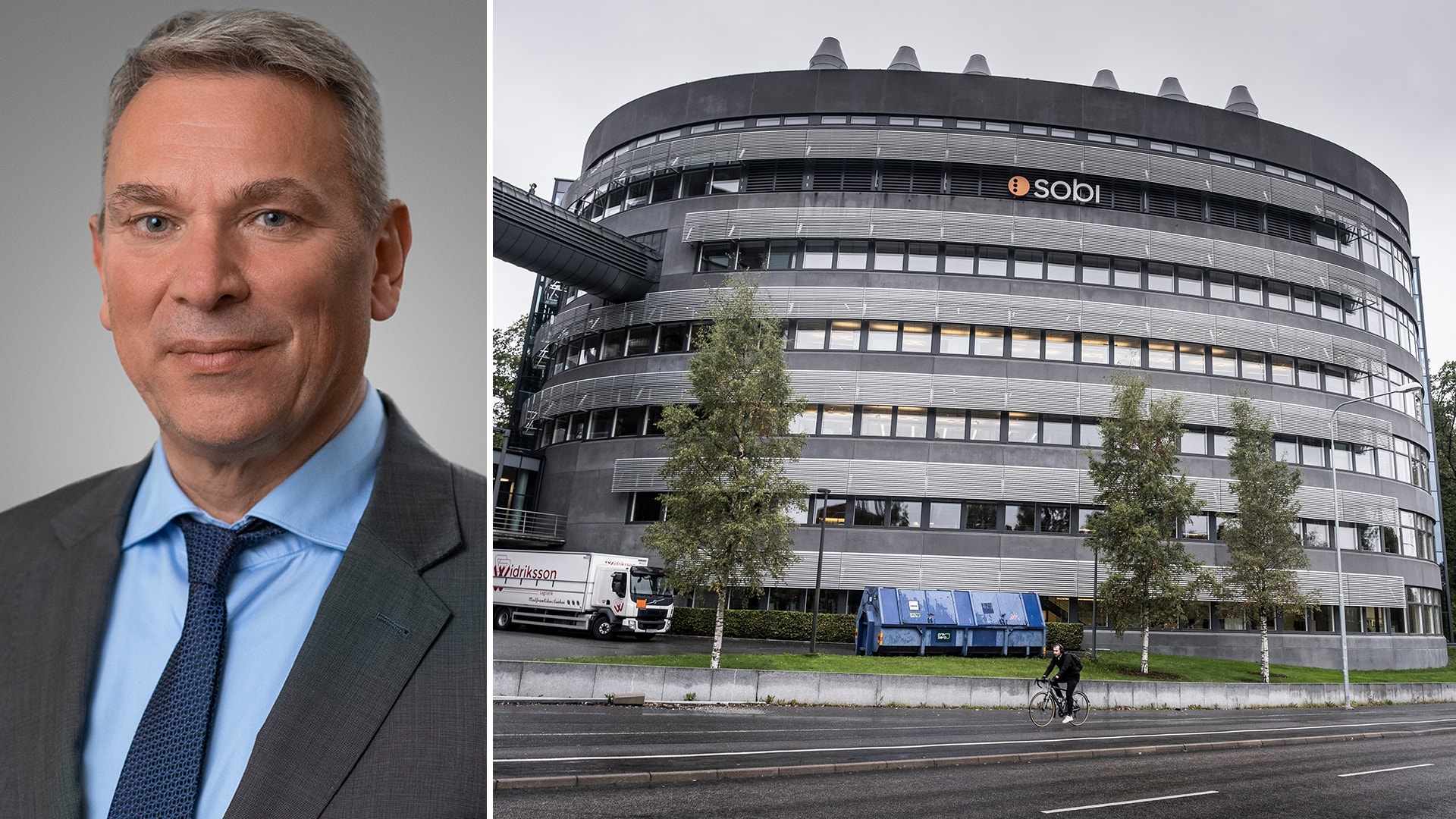 Collage med en leende man i kostym och blå skjorta till vänster, och en stor rund kontorsbyggnad med Sobis logotyp till höger.
