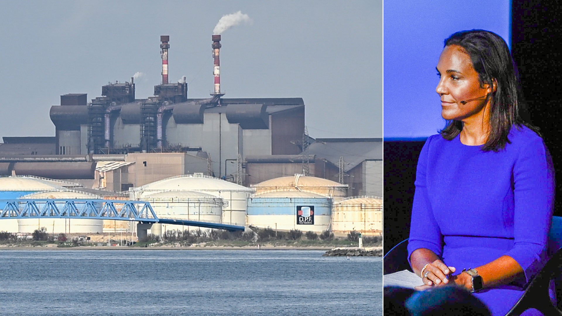 Sammansatt bild med ett industrianläggning vid vattnet på vänster sida och en kvinna som talar på en scen på höger sida.