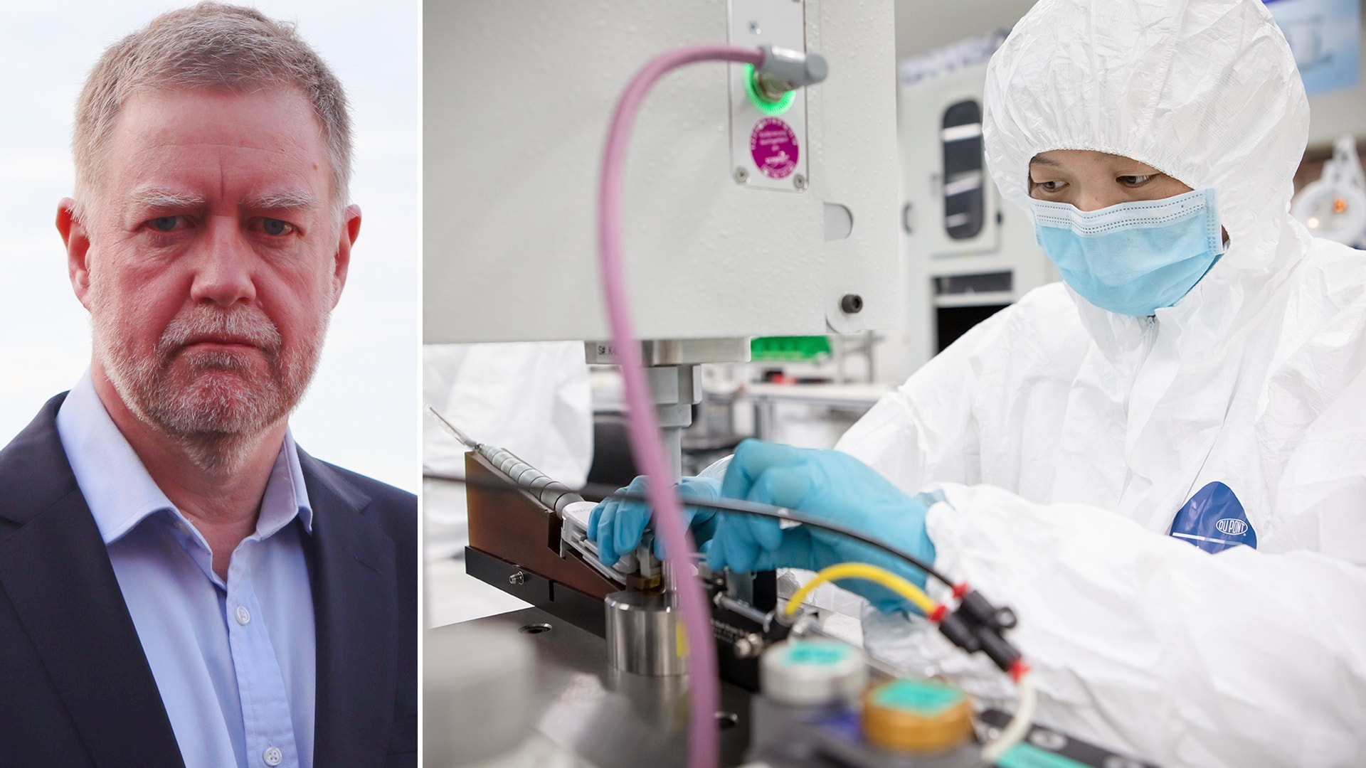 Porträtt av en man till vänster och en laboratorieperson i vit skyddsdräkt och blå handskar som arbetar med medicinsk utrustning till höger.