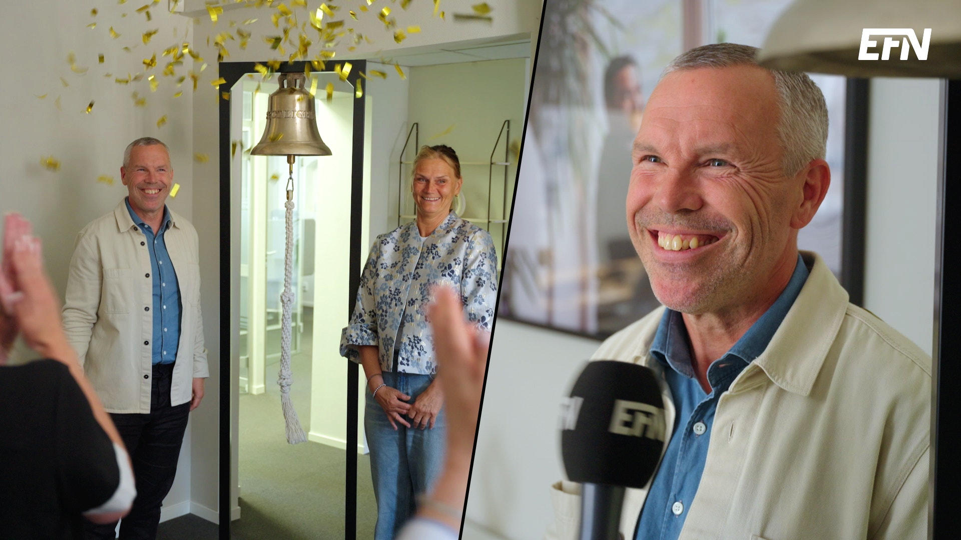 Ett montage med Stefan Högkvist och en kvinna som står vid en klocka och guldigt konfetti till vänster, och en glad Stefan Högkvist med en EFN-mikrofon framför sig, till höger.