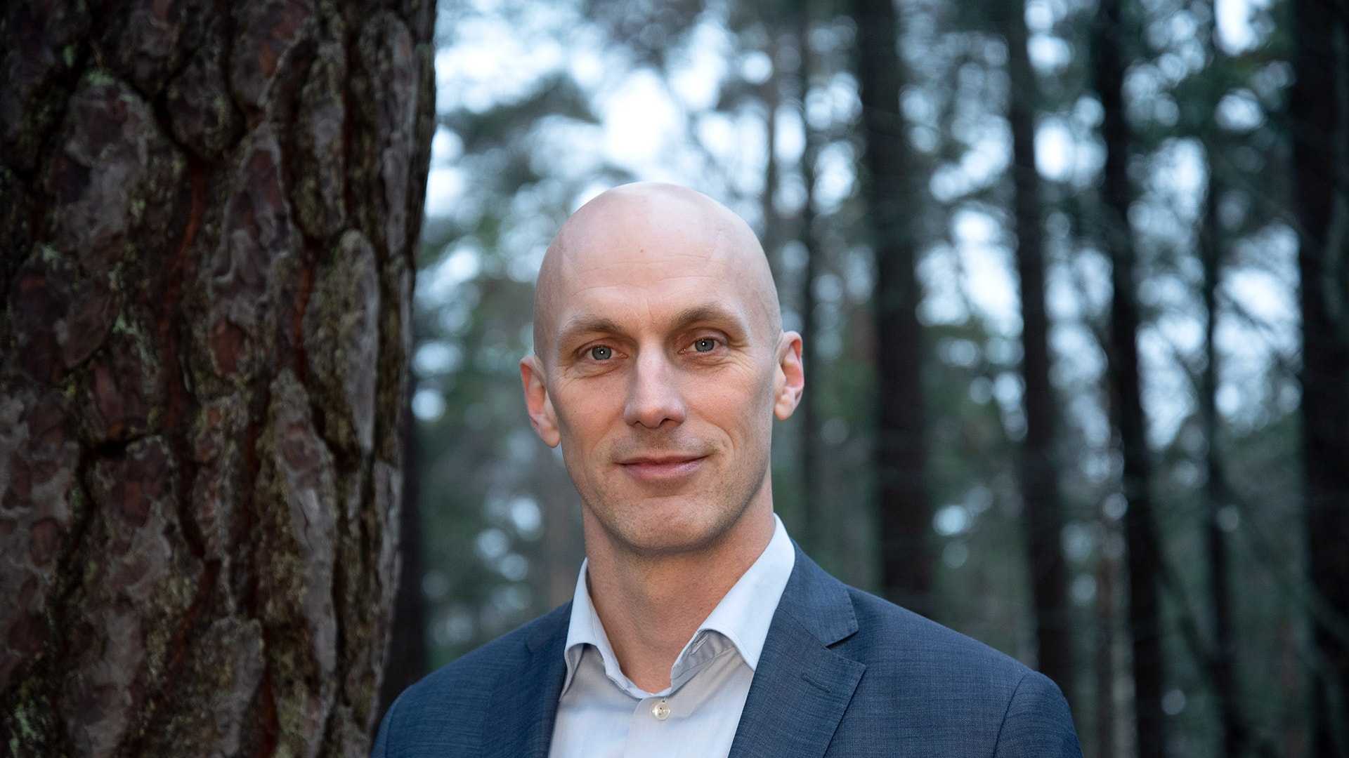 Porträtt av en flintskallig man i blå kavaj och ljus skjorta som står i en skog bredvid en stor trädstam.
